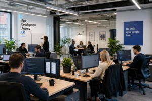 UK app development agency team in modern studio