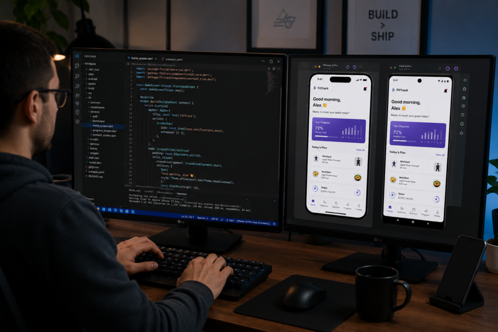 Developer writing cross-platform code in VS Code