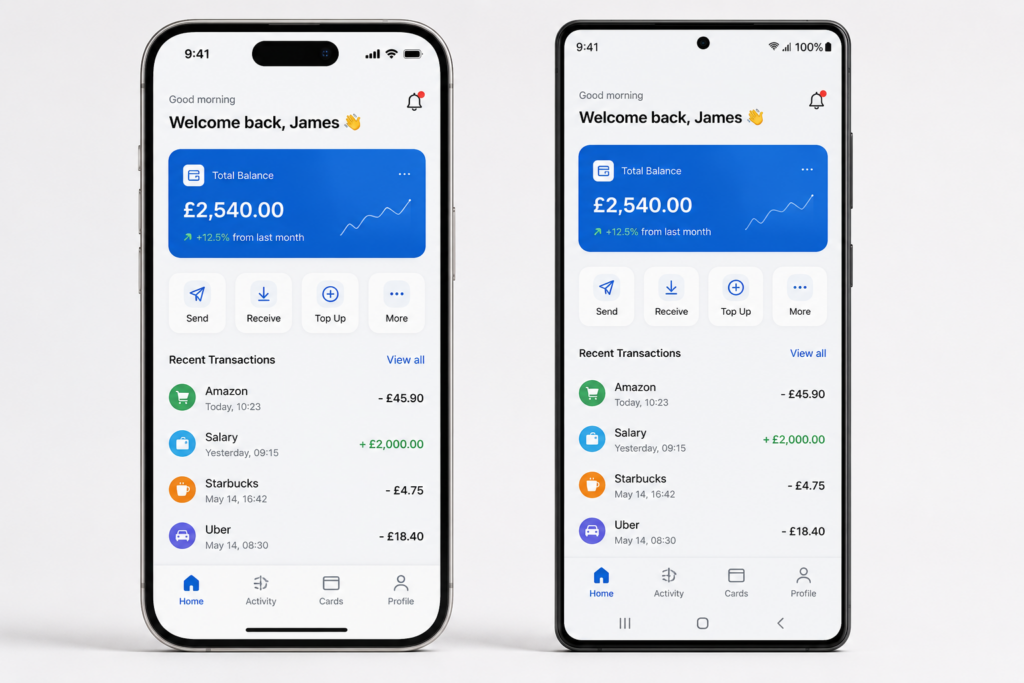 Flutter app running on iPhone and Android with identical UI