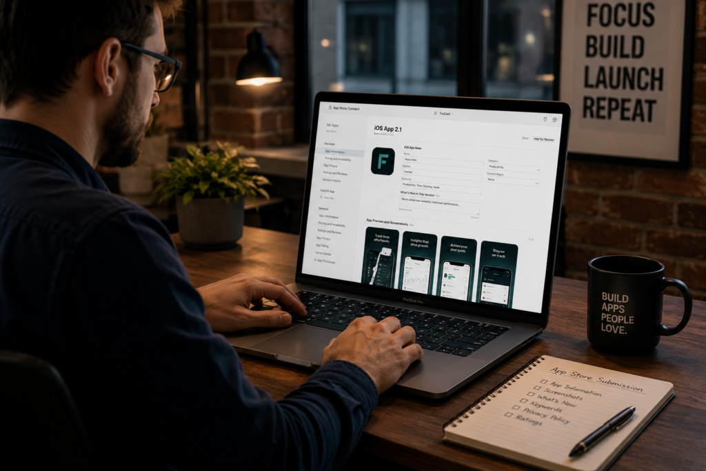 Mobile app developer reviewing app store submission