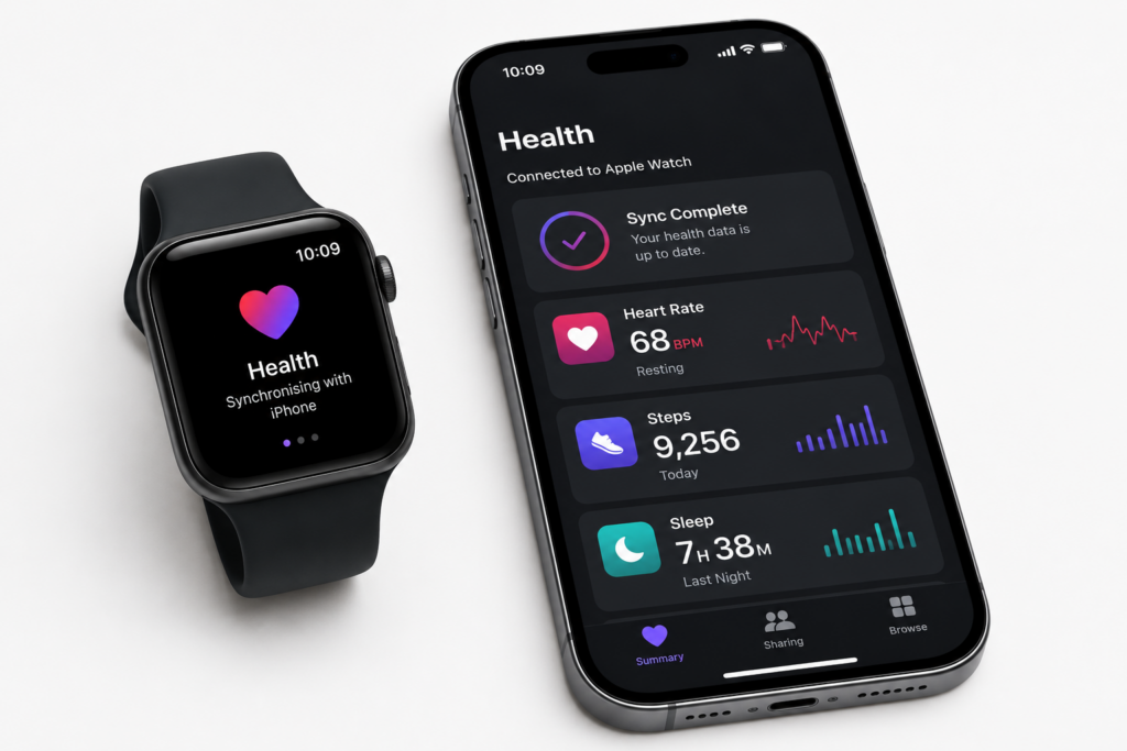 Apple Watch and iPhone showing companion app pairing
