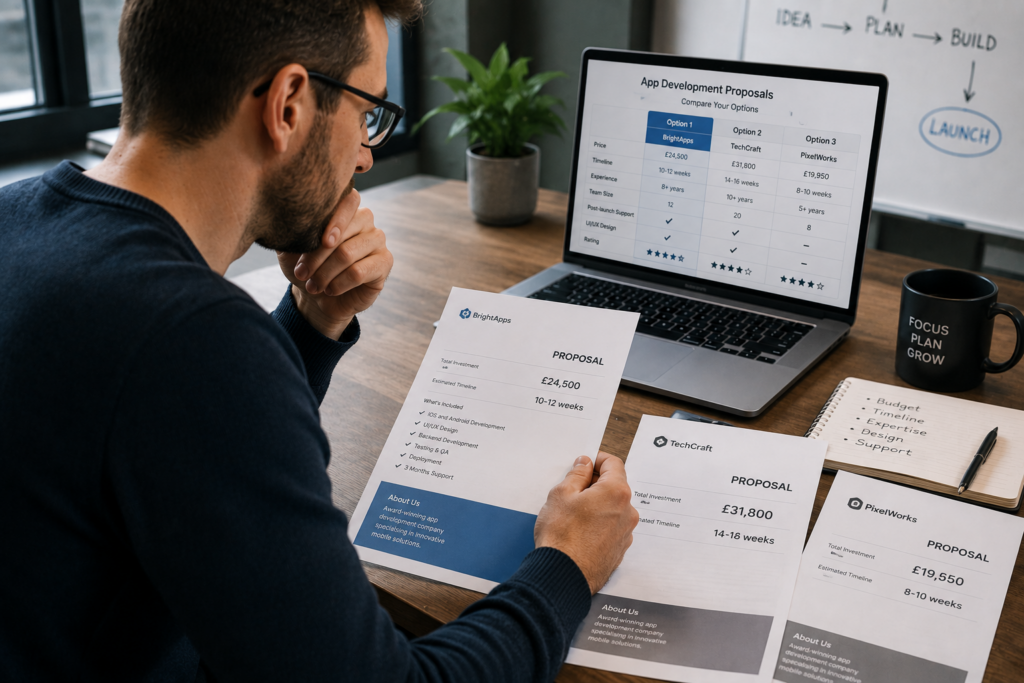 Client reviewing app development company proposals