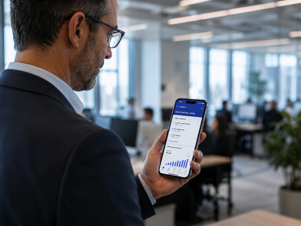 Enterprise app on corporate smartphone in office setting