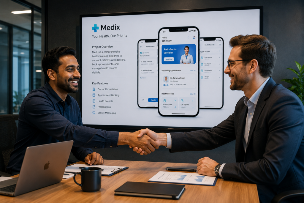 Mobile app developer presenting completed project to client