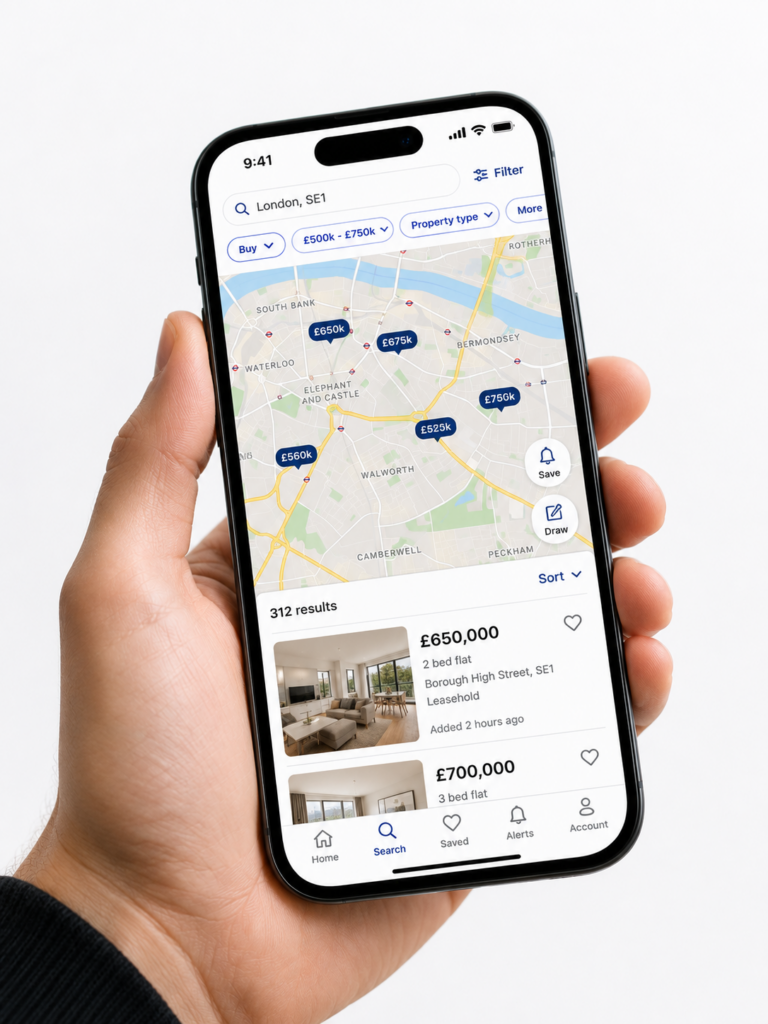 Property search app showing listings map on smartphone