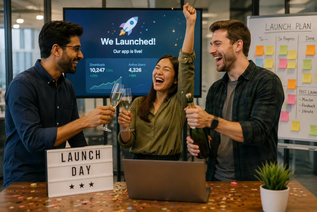 Startup founders celebrating app launch milestone
