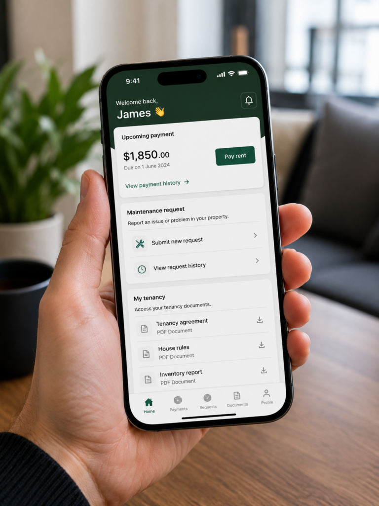 Tenant app showing rent payment and maintenance requests