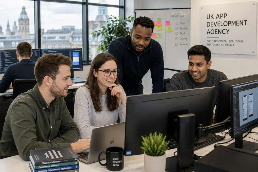 UK app development agency team in professional office