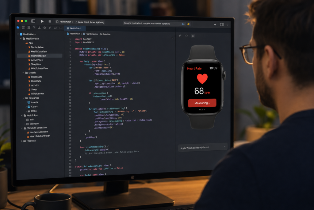 Wearable app developer coding watchOS app in Xcode
