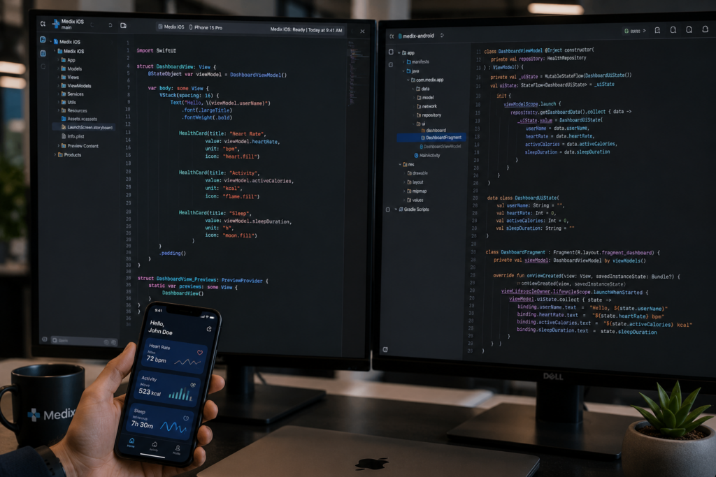 iOS and Android application development code on dual screens