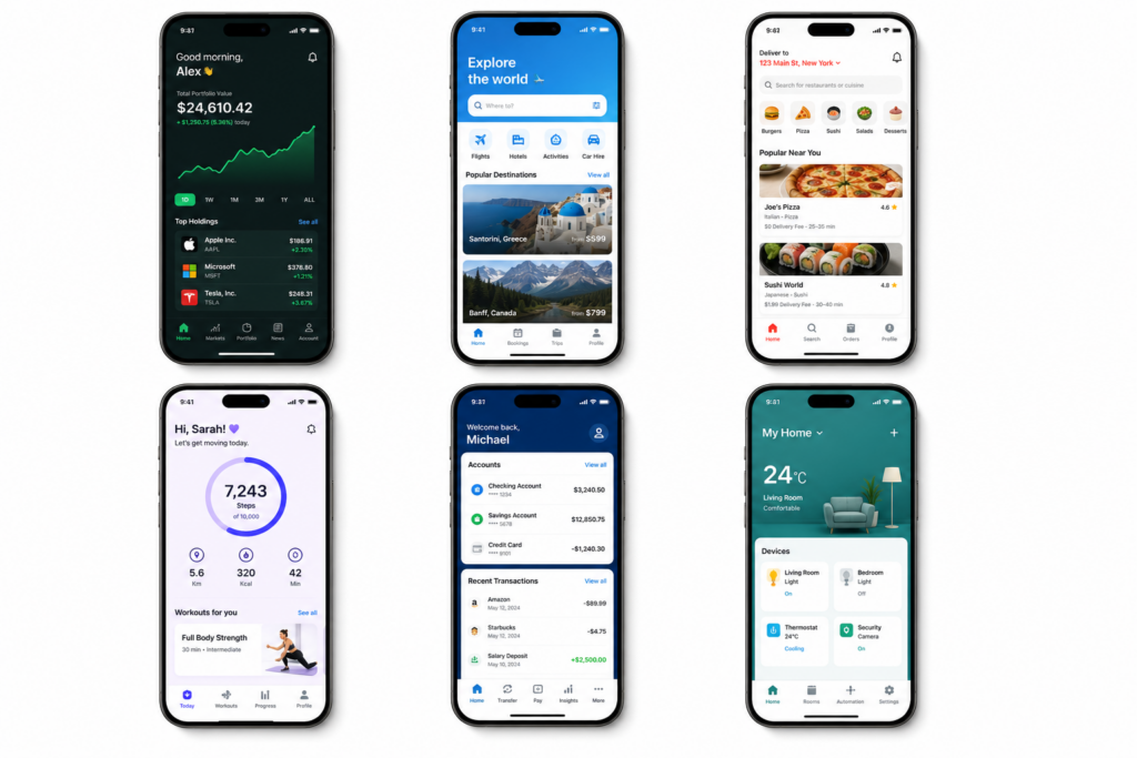 Multiple mobile app screenshots on smartphones showing portfolio