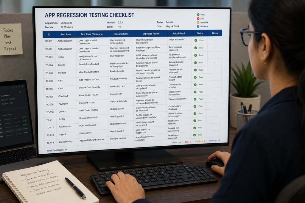 App regression testing checklist on screen