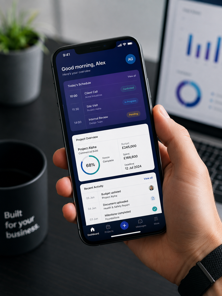 Bespoke mobile app showing unique custom UI for business