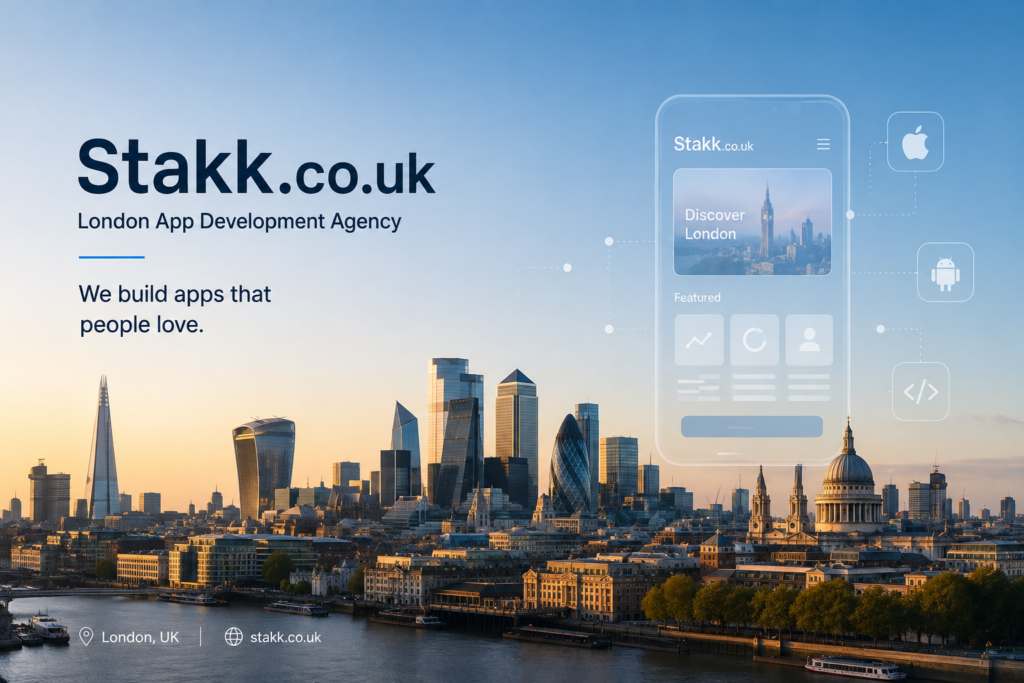 London city skyline with mobile app development concept overlay