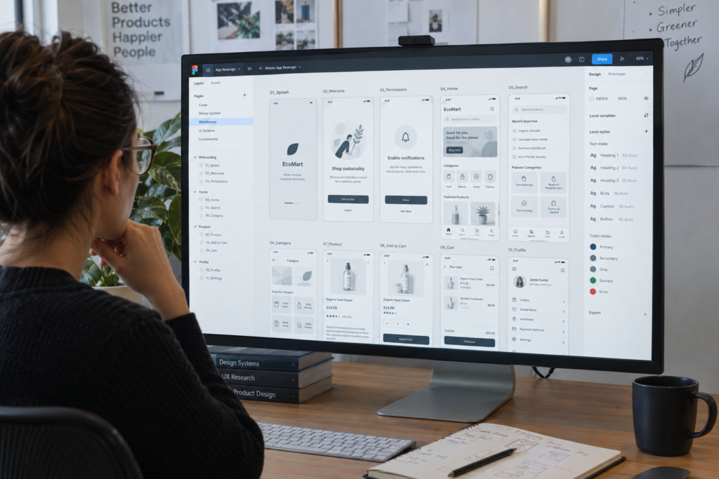 Mobile app redesign wireframes on designer screen